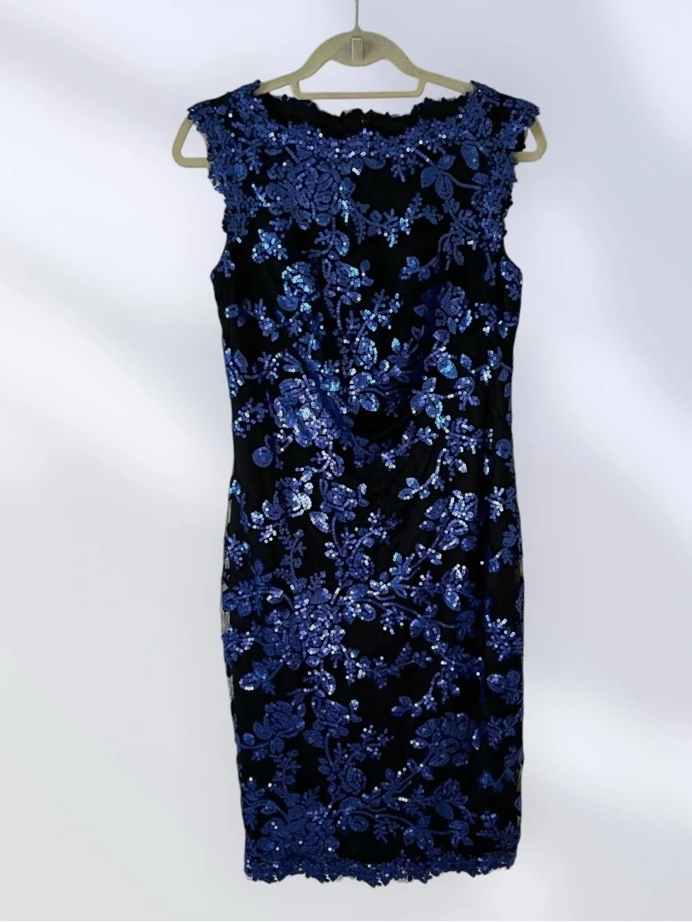 Tadashi Shoji Floral Lace Sheath Dress Blue Black Size 8 Wedding Guest Cocktail